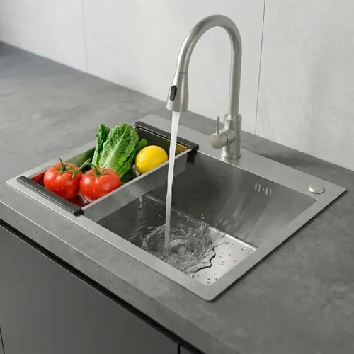 Bacha Pileta Cocina Mesada Simple Grifería Monocomando Acero Color Gris Aira-7045 Neró