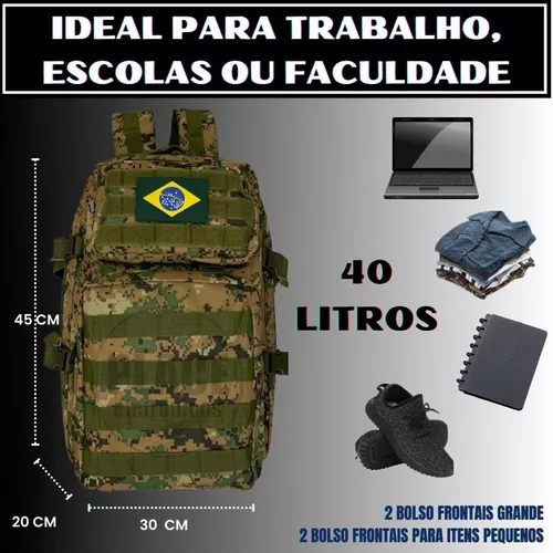 Mochila Militar Assalt Tática 40 Litros Impermeável Grande Reforçada  Tamanho Ideal Camping e Cinto Tático Preto soltura rápida (Preto)