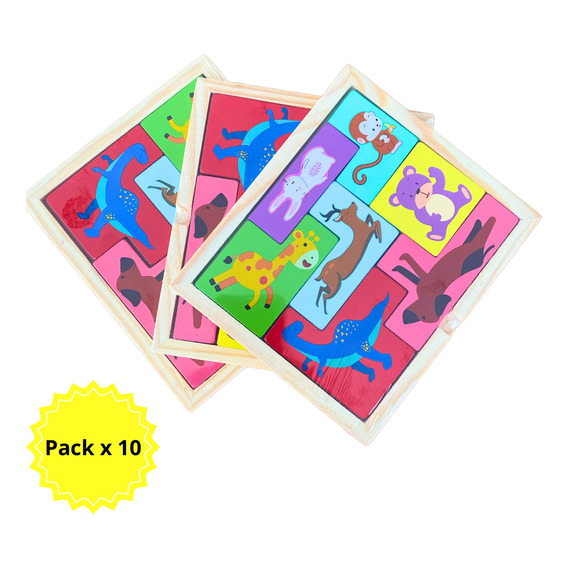 Pack X10 Tangram De Madera Didáctico Animales Souvenir