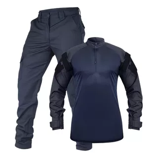 Calça Cargo + Combat Shirt Azul Noturno Fardamento Tático