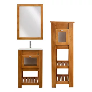 Combo Vanitory 50cm Madera Bacha Puerta Tolva Cerrada Espejo