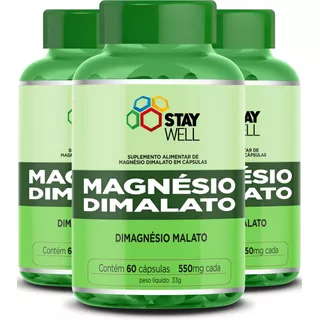 3 Potes Do Magnésio Dimalato 100% Puro 550mg - Fórmula Avançada Com Alta Absorção - 180 Cápsulas