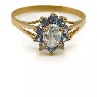 Anillo Roseta Cristal Y Aguamarina Oro 18k T:24  