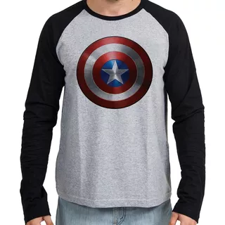 Camiseta Blusa Manga Longa Capitao America Escudo Marvel