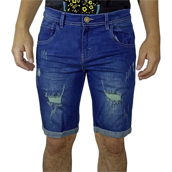 Bermuda Jean Moda Rasgado Para Hombre - Azul