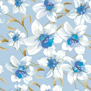Papel De Parede Floral Lírios Em Azul Com Branco