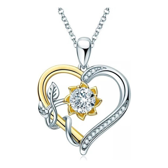 Collar Corazón Girasol Flor Amor Plata 925+ Oro+ Diamante Cz