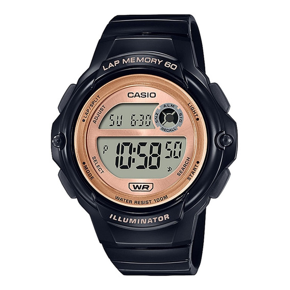 Reloj Casio Digital Lws-1200h-1a 60 Laps 100m Color de la malla Negro Color del bisel Negro Color del fondo Gold rose