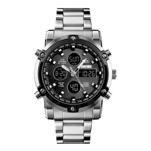 Reloj pulsera Skmei 1389 con correa de acero inoxidable color plateado - fondo negro - bisel negro/plateado