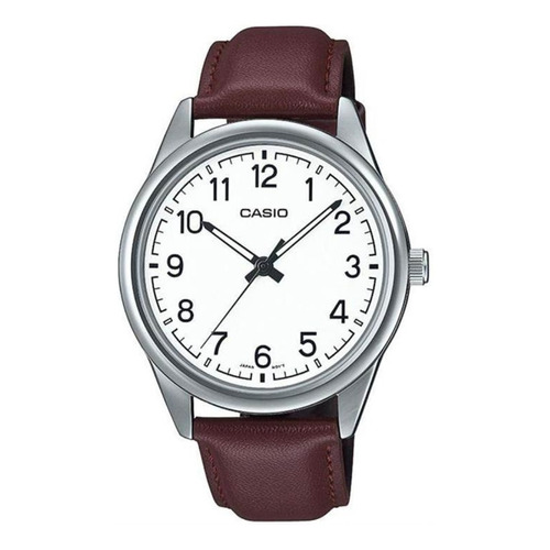 Reloj pulsera Casio MTP-V005 con correa de cuero color marrón - fondo blanco - bisel plateado