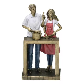 Escultura Decorativa Casal Gourmet Cozinheiros Casa Mesa Cor Bronze, Branco, Azul E Vermelho