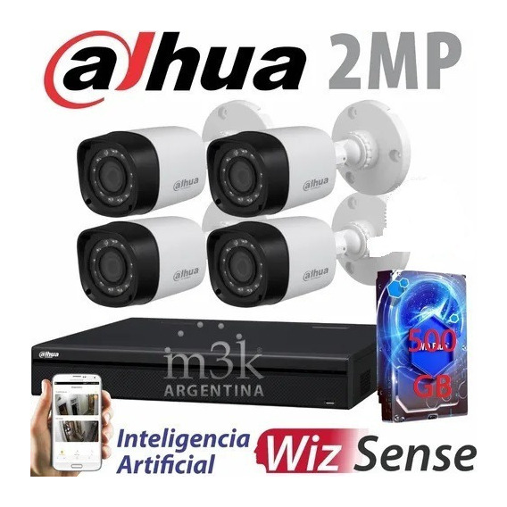  Kit Seguridad Dahua Dvr 4ch+4 Cámaras 2mp/1080/fullhd+disco Color Blanco