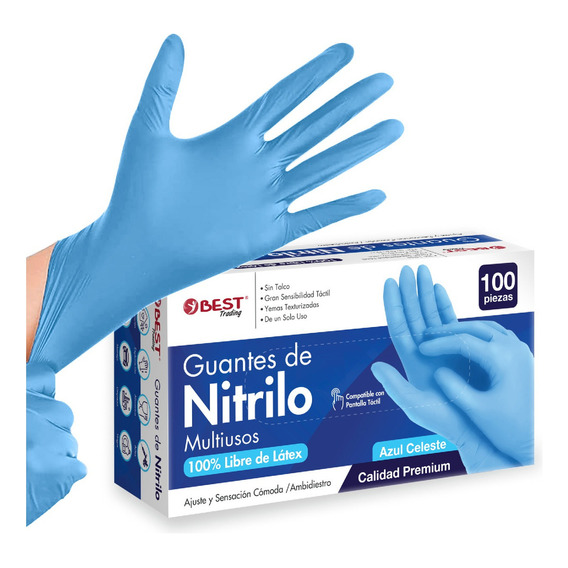 100 Guantes de Nitrilo Premium Color Azul Totalmente Libre De Látex Y Vinyl Sin Polvo Talla Mediano, 100% de Nitrilo