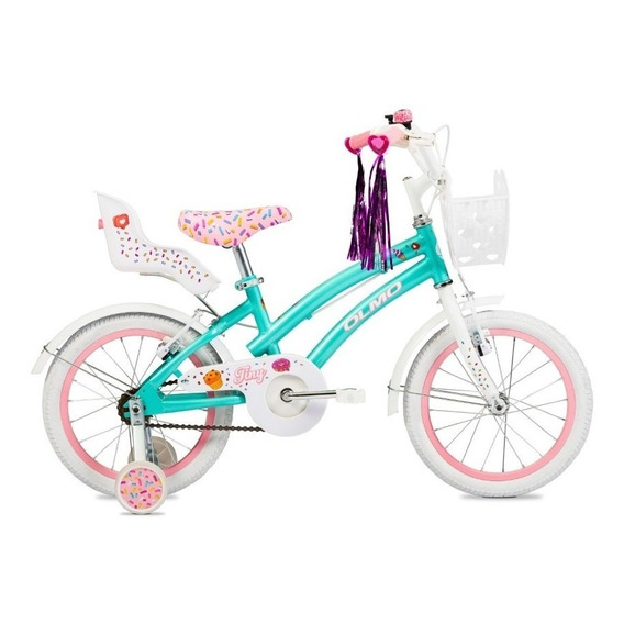 Bicicleta paseo infantil Olmo Infantiles Tiny Friends  2021 R16 1v freno v-brakes cambios N/A color turquesa con ruedas de entrenamiento  