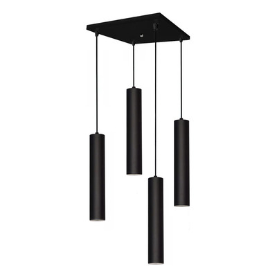 Colgante 4 Luces Negro Moderno Tubo Apto Led Base Cuadrada