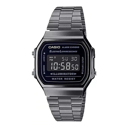 Reloj pulsera digital Casio A-168 con correa de acero inoxidable color plateado - fondo negro
