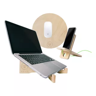 Kit Home Office Soporte Notebook Y Celular Y Mousepad Madera