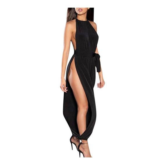 Women Solid Color Ruched Sleeveless High Slit Jumpsuits 81 .