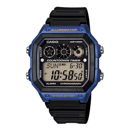 Reloj pulsera digital Casio AE-1300 con correa de resina color negro - bisel azul/negro