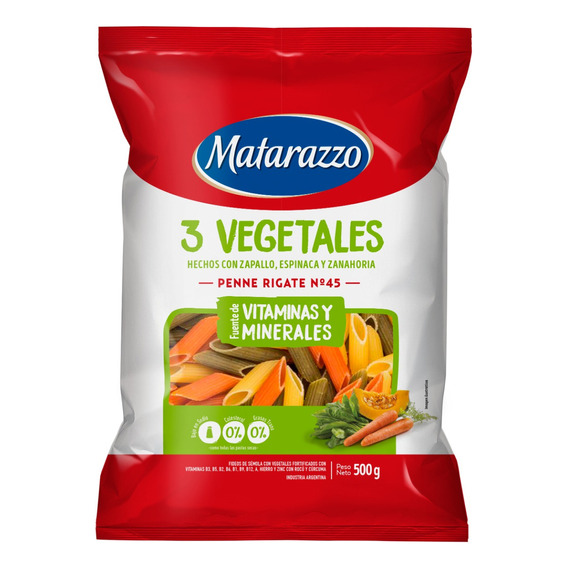 Fideos Matarazzo 3 Vegetales Penne Rigate N°45 500g