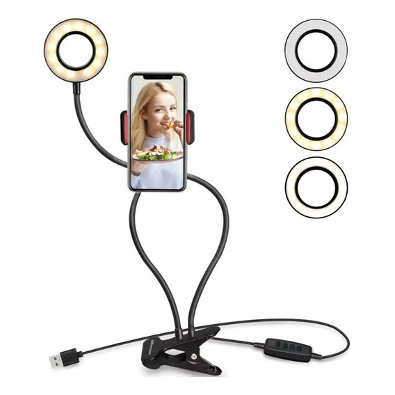 Aro De Luz Led Usb Con Soporte Para Celular Pinza Escritorio