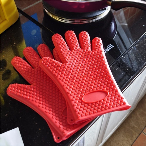 Par de guantes de silicona lavables para horno y estufa, color rojo