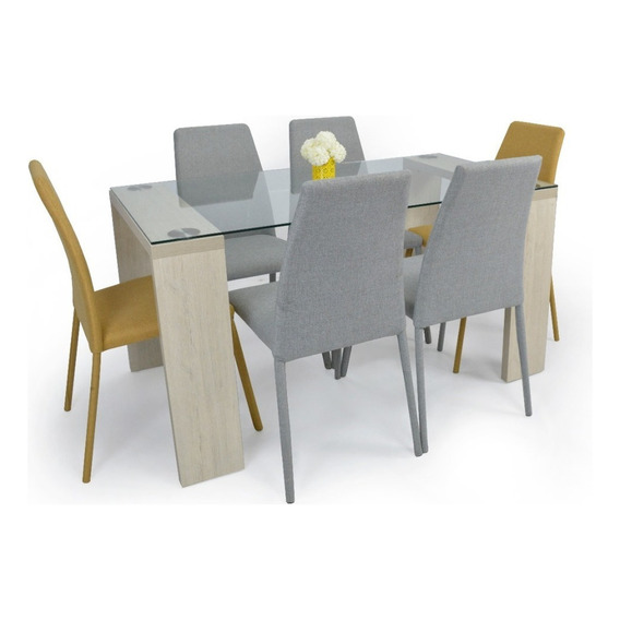 Set Comedor Milan Bali 6 Puestos - Sillas Tela Color Plata- Mostaza