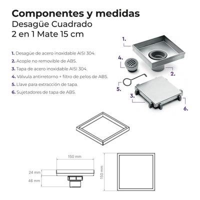 Rejilla Desagüe Atrim 2 En 1 Filtro Pelos 15x15cm Da150t02