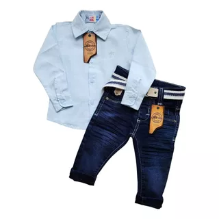 Combo Camisa Manga Longa Bebe + Calça Jeans Com Elastano 