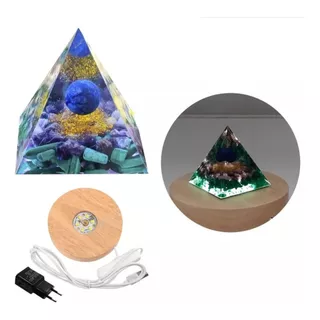 Pirâmide Orgonite Ametista Malaquita Lazúli C/ Base De Led