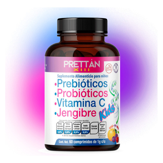 Probioticos Para Niños + Vitamina C 60 Cápsulas 1 G Prettan Sabor 3 Sabores: Naranja, Uva Y Cereza