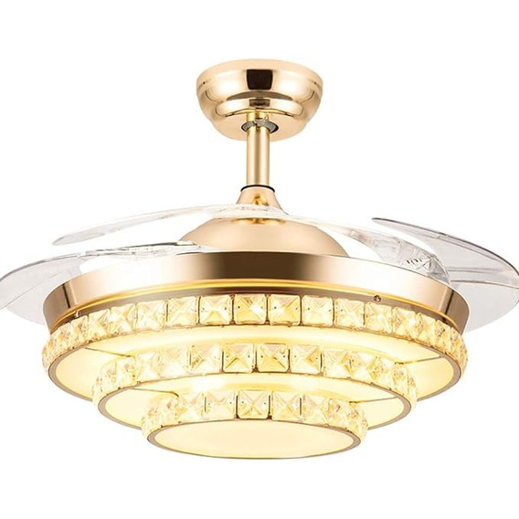 Candil Led Ventilador Plegable C/cristalería Oro C/control