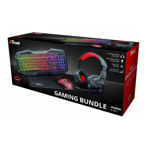 Trust Gaming 4 En 1 Bundle Gxt1180rw Teclado, Mouse, Diadema Color del mouse Negro Color del teclado Negro