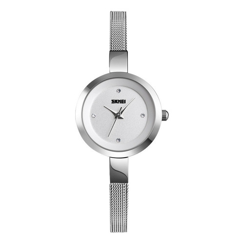 Reloj Mujer Skmei 1390 Acero Minimalista Elegante Clasico Color de la malla Plateado Color del fondo Blanco