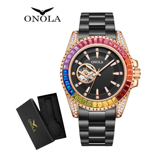 Reloj mecánico Onola Luxury Rainbow Diamond, color del bisel: negro, rosa negra