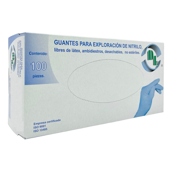 100 Guantes Para Exploración Nitrilo Sin Látex Talla Grande Color Azul