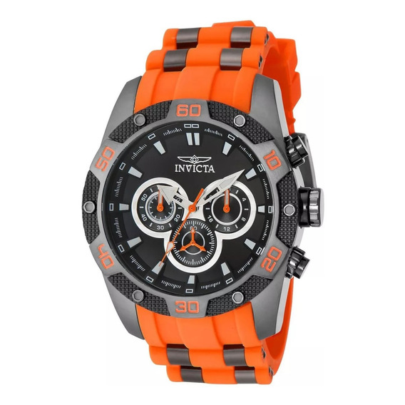 Reloj pulsera Invicta 40051 de cuerpo color gris, analógico, para hombre, fondo negro, con correa de acero inoxidable/silicona color naranja y gunmetal, agujas color plateado y naranja y blanco, dial 