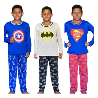 Kit 3 Pijamas Longos Infantil Inverno Super Herói Desenho