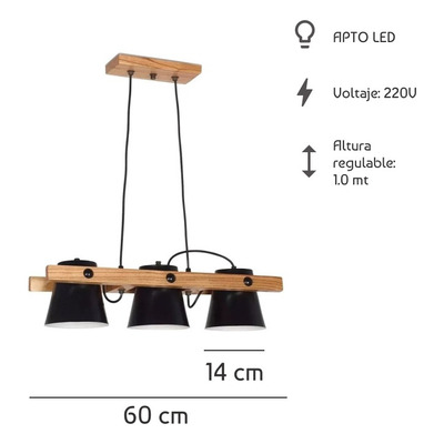 Colgante 3 Luces Madera Campana Negro Apto Led Deco Cx