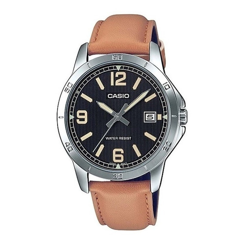 Reloj pulsera Casio MTP-V004 con correa de cuero color marrón - fondo negro - bisel plata