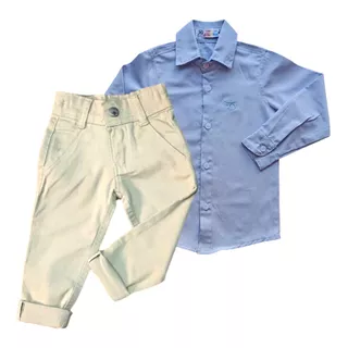 Conjunto Infantil Masculino Camisa Azul Claro + Calça Bege