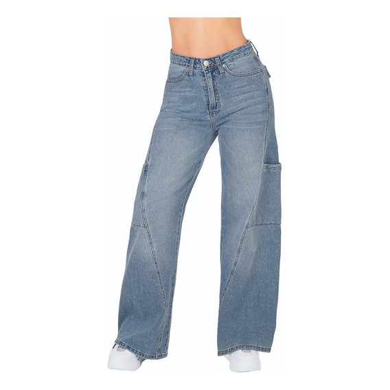 Jeans Casual Dama Cargo Tiro Alto Stretch Azul 589-53