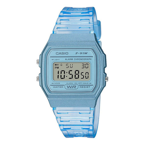 Reloj Mujer Casio F-91ws-2d Digital Vintage / Color De La Correa Celeste Color Del Bisel Celeste Color Del Fondo Celeste