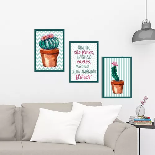 Kit Quadros Placas Decorativos Moderno Retro Desenhos Cactos