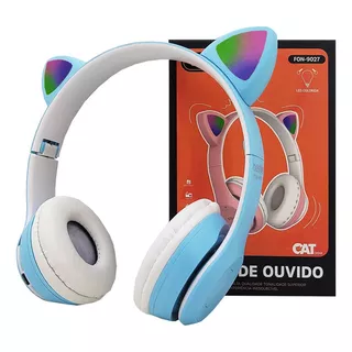 Fone De Ouvido Sem Fio Gatinho Led Bluetooth Infantil Gato Cor Azul