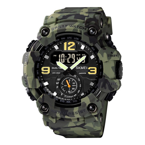 Reloj de pulsera SKmei 1637 de cuerpo color camuflado verde, analógico-digital, para hombre, fondo negro, con correa de poliuretano color camuflado verde, agujas color verde, negro y blanco, dial amar