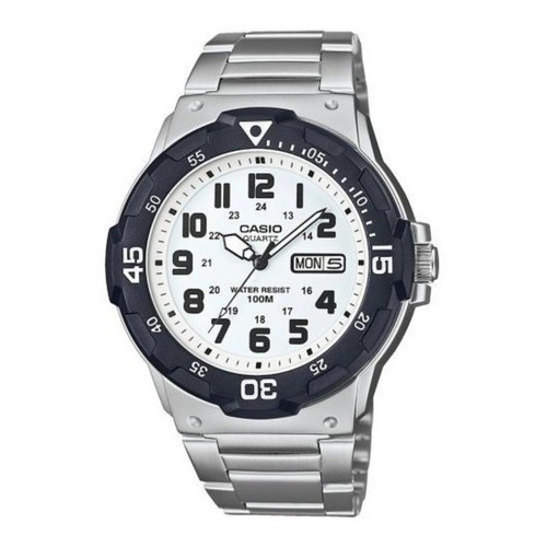 Reloj pulsera Casio MRW-200 con correa de acero inoxidable color plateado - fondo blanco - bisel negro
