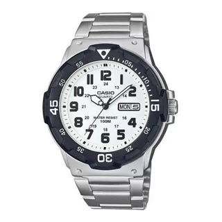 Reloj Pulsera Casio Youth Mrw-200 De Cuerpo Color Plateado, Analógico, Para Hombre, Fondo Blanco, Con Correa De Acero Inoxidable Color Plateado, Agujas Color Blanco Y Negro, Dial Negro, Minutero/segun