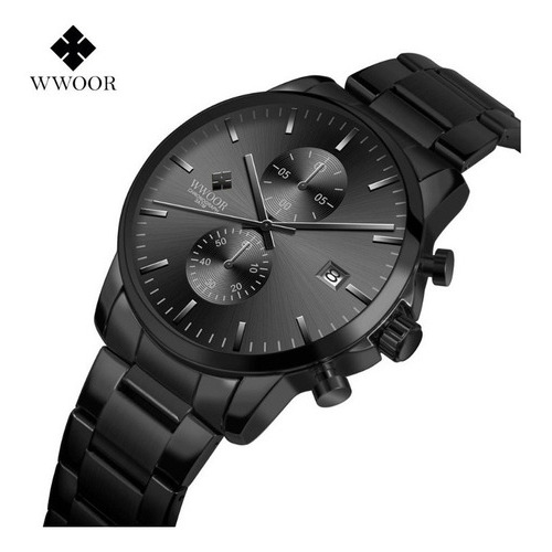 Reloj Cronógrafo Woor Steel Belts Con Calendario Simple Color del bisel Negro Color del fondo Negro