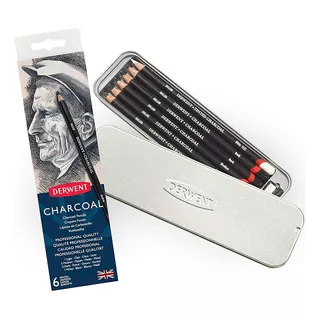 Lapices Carbon Charcoal Derwent X 6 Con Sacapuntas Lata